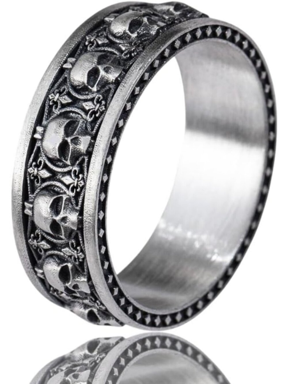 Gothic Skull Band Ring for Men, 925 Sterling Silver Vintage Biker Eternity Ring